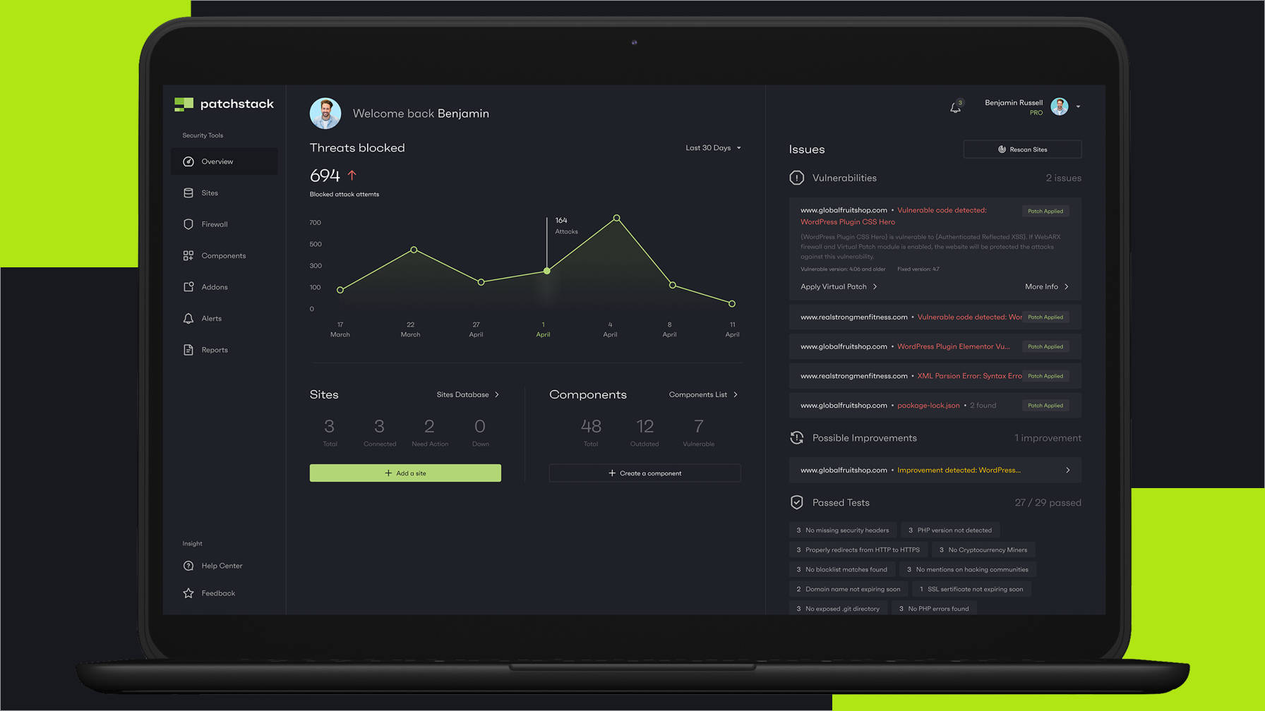 Patchstack dashboard screen with vulnerability details and more.