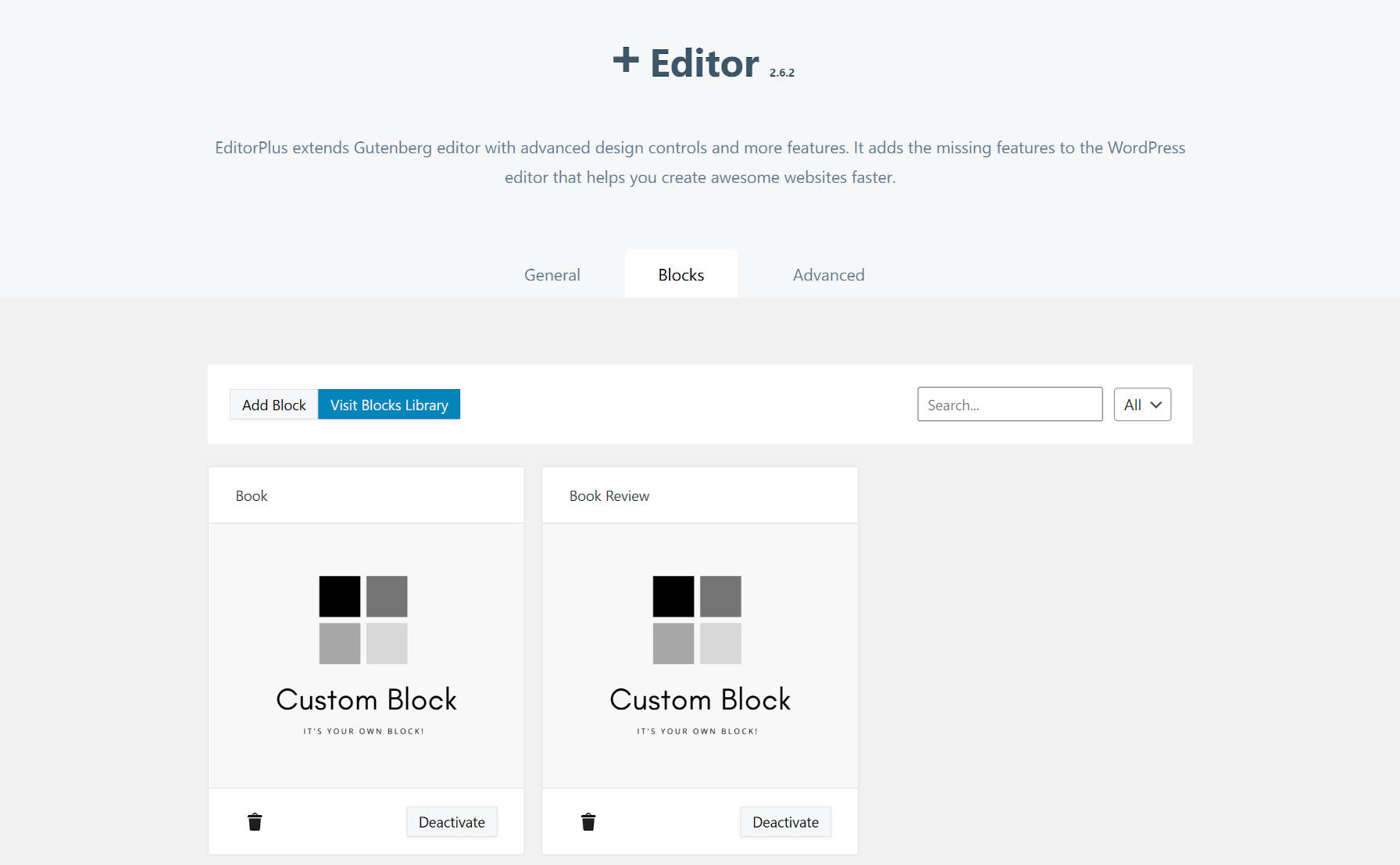 Editor Plus custom block feature in version 2.6.2.