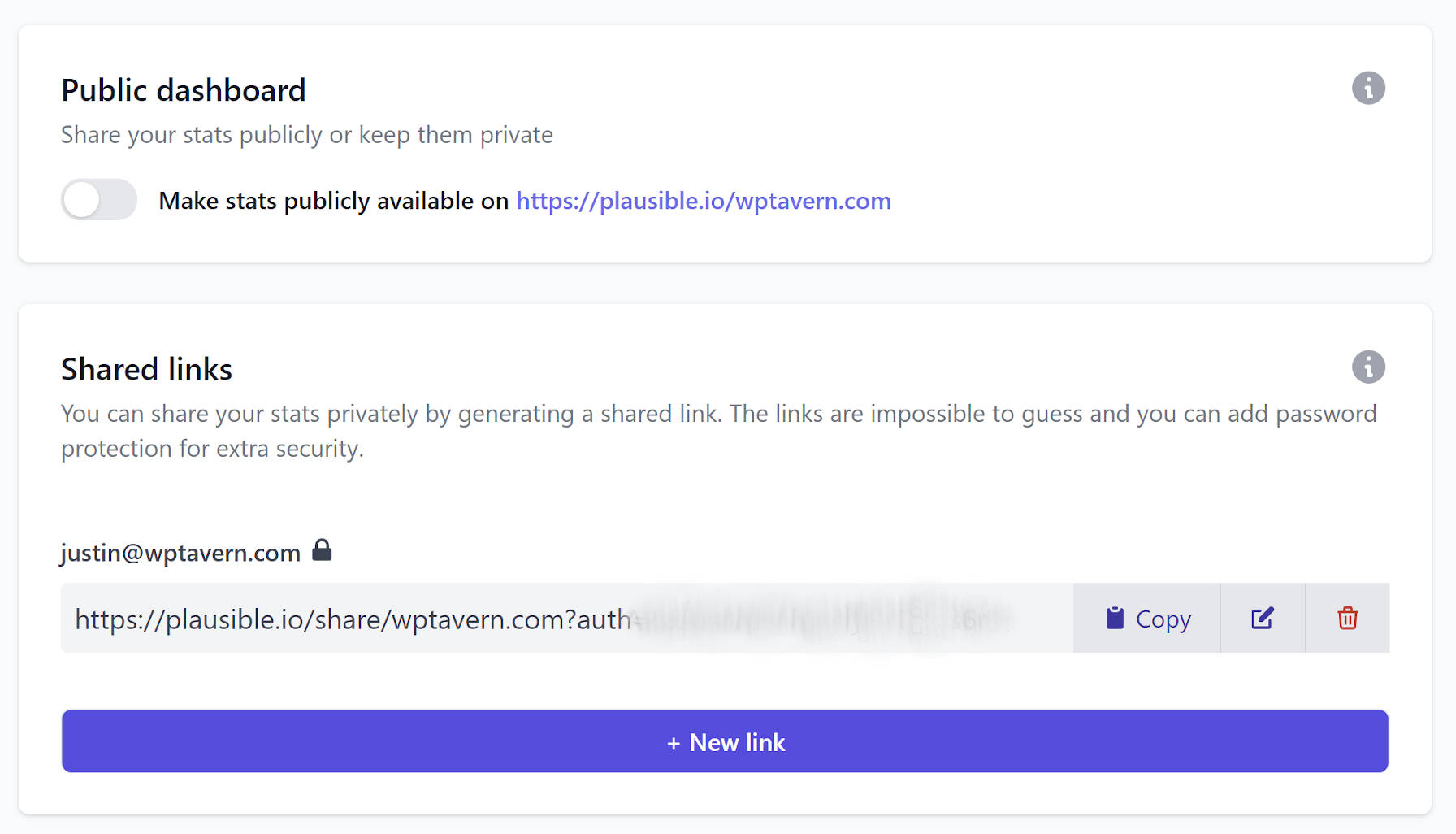 Screenshot of the visibility screen on the Plausible Analytics website with a focus on creating a shared link.
