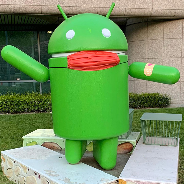 Another Android Statue With Mask & Vaccine Bandaid At The GooglePlex