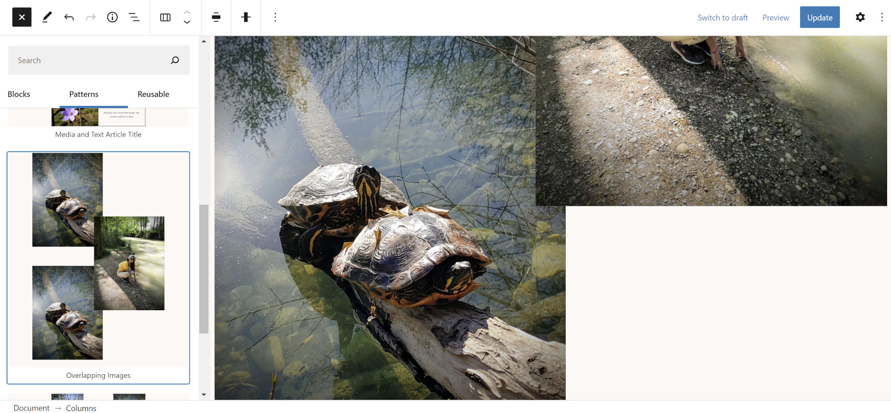 Overlapping images within columns shown in the WordPress block editor.