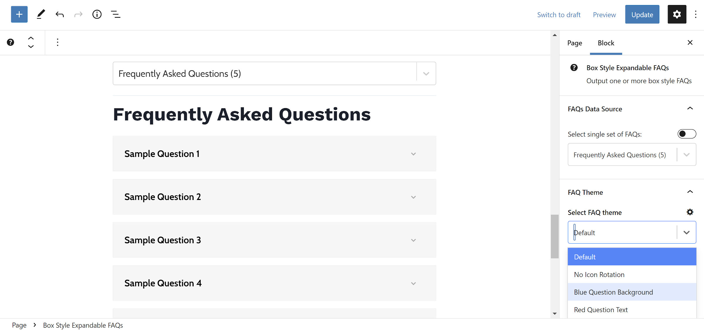 WordPress editor that shows a box-style FAQs block with separate boxes for each of the questions.