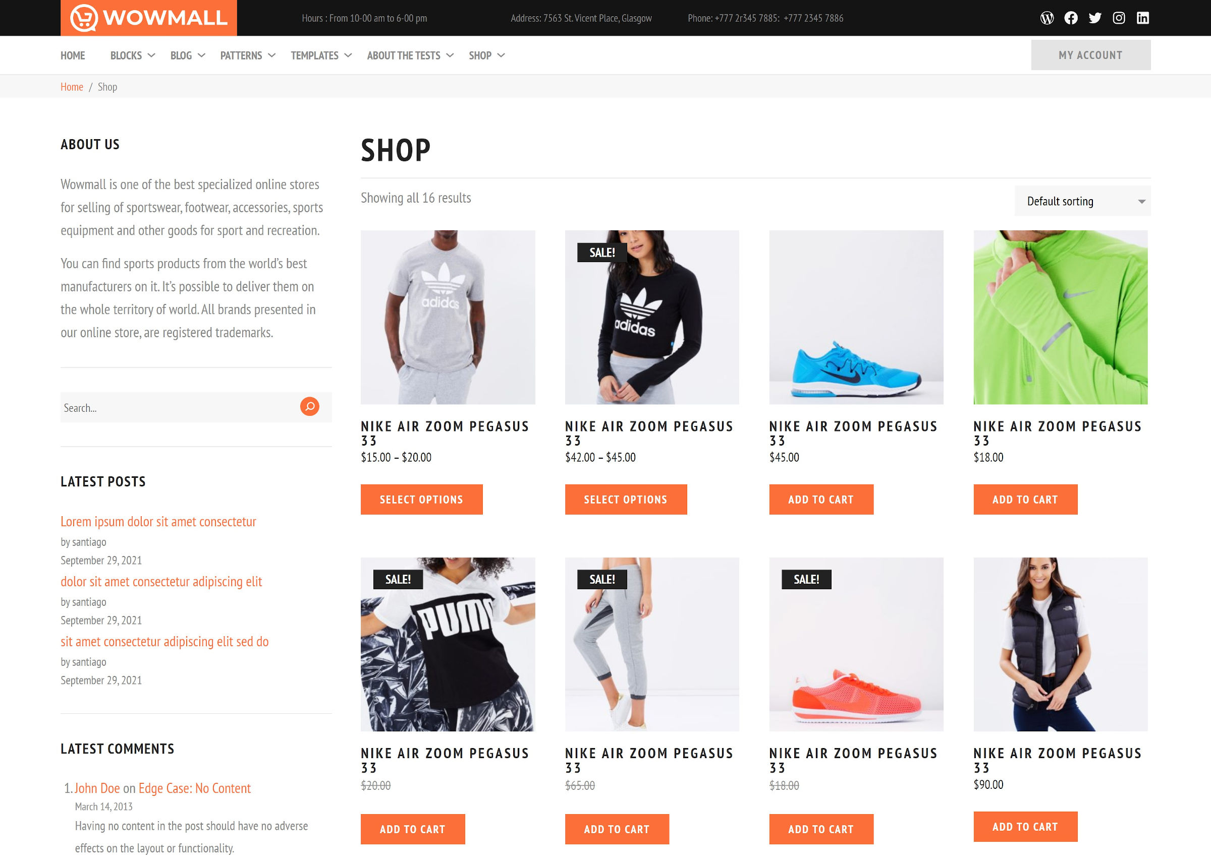 Product listing page with a grid of products for the Wowmall WordPress theme.