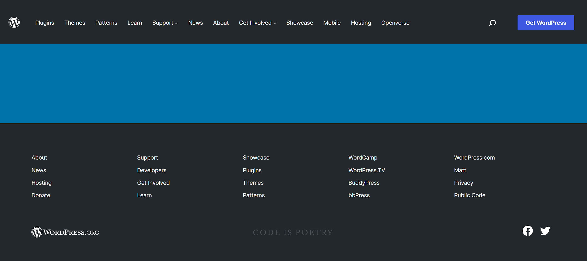 Screenshot of the header and footer navigation sections from WordPress.org with the content removed.  The header is a horizontal list of links.  The footer is a 5-column grid of lists with four links each.