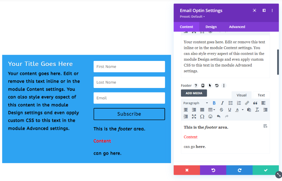 Email Optin Module Body and Footer Text Options