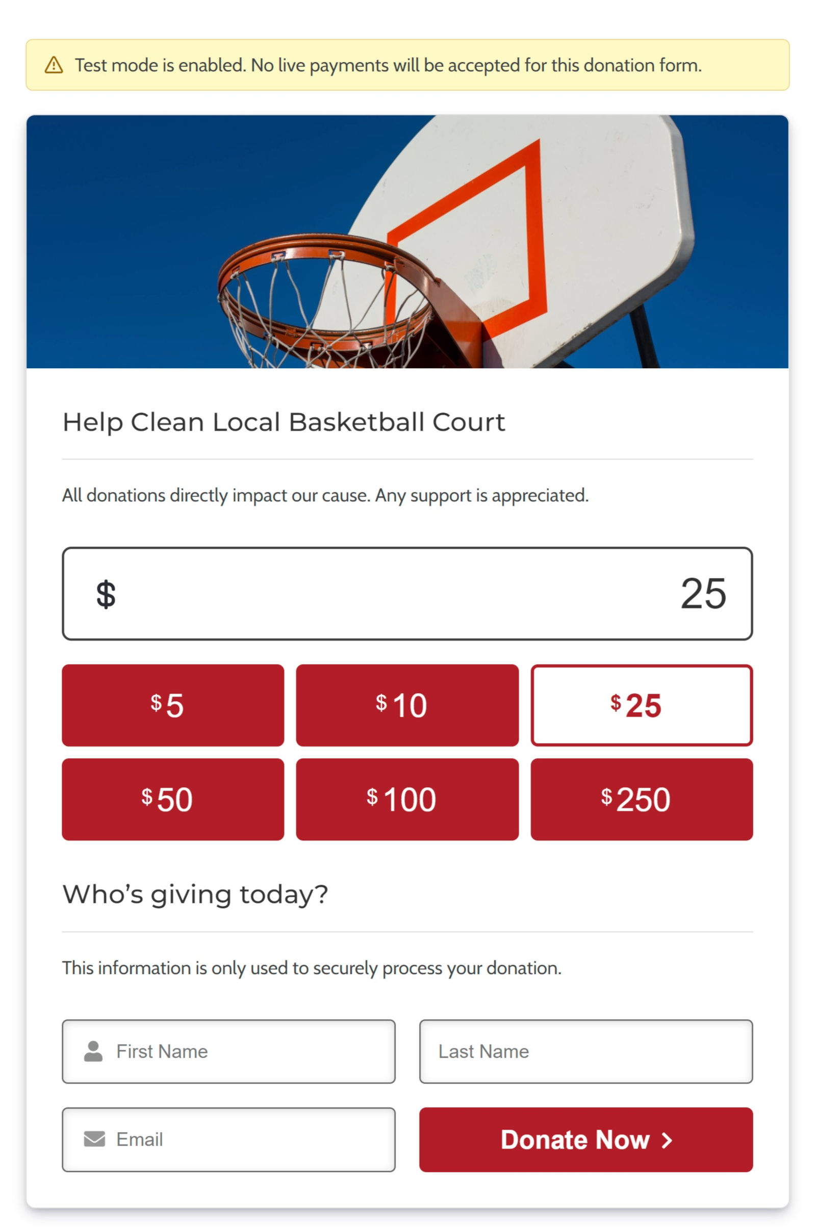 Fictional donation form for cleaning a local basketball court.  Has a header image, text, and buttons for donating various amounts.
