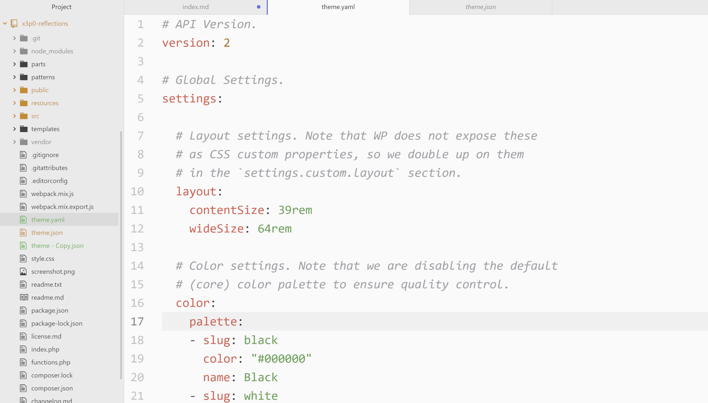Atom code editor opened to a theme.yaml file with settings that will be converted to JSON.
