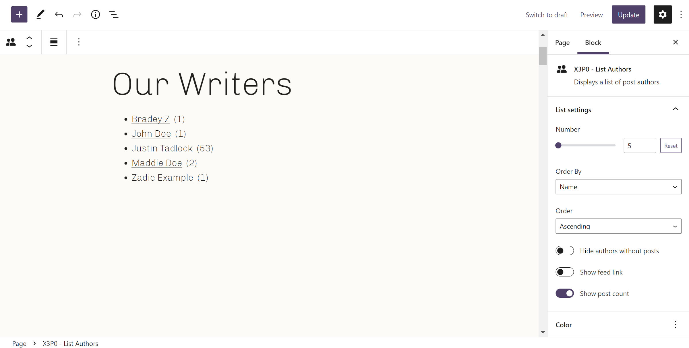 WordPress post editor with a custom-built Authors block that lists users with posts.