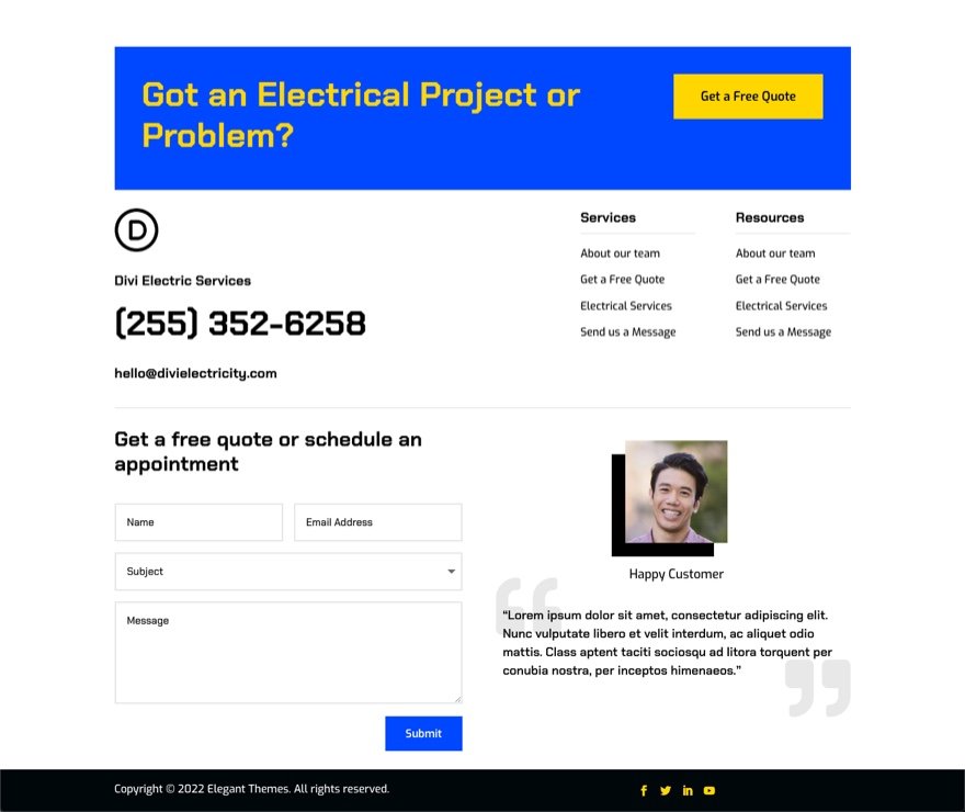 header & footer template for Divi's Electrical Services Layout Pack