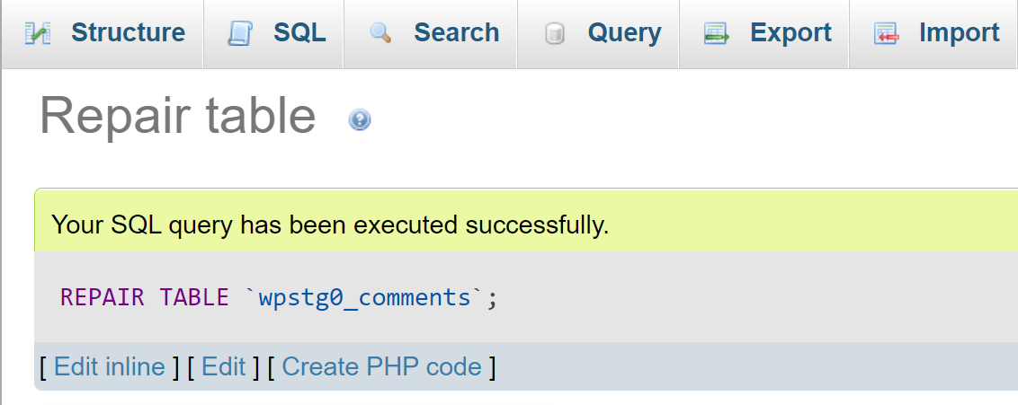 A success message in phpMyAdmin after repairing a table