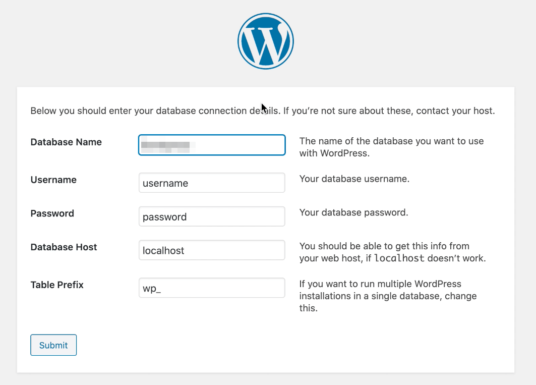 Entering WordPress database credentials