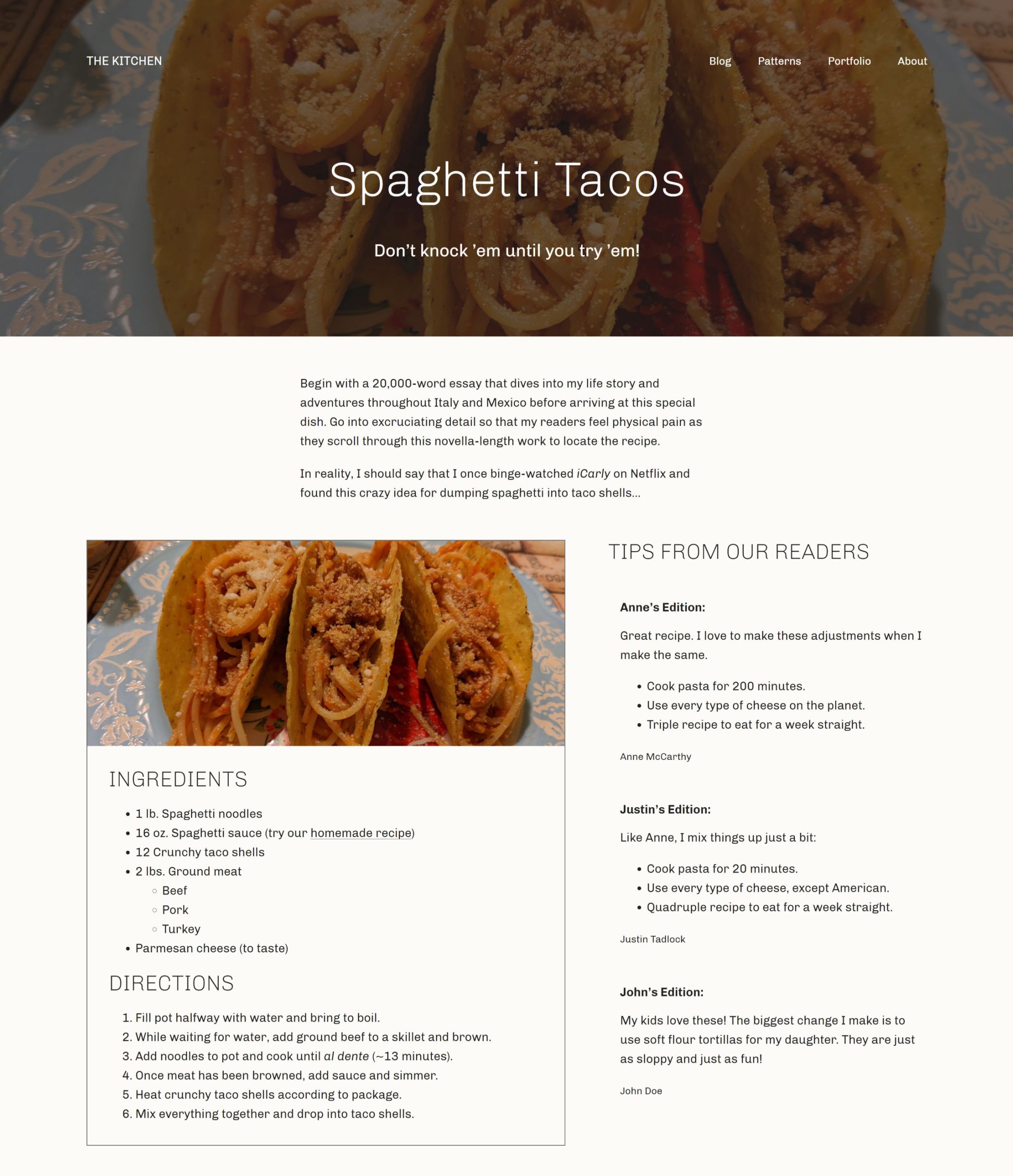 WordPress post on the front end of a recipe.  It has a hero header with with spaghetti tacos image, followed by a description.  Below that are two columns.  A recipe card on the left and tips from readers on the right.